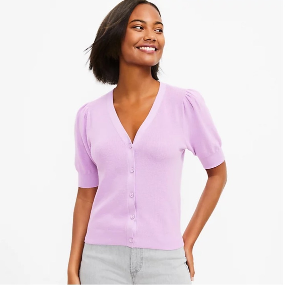 LOFT Lavender Short Sleeve Button Cardigan